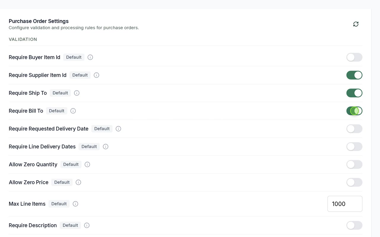 Purchase order settings with switches for each validation rule